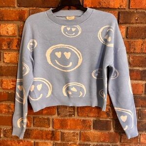 Debut womens cropped smiley face crewneck sweater blue XS